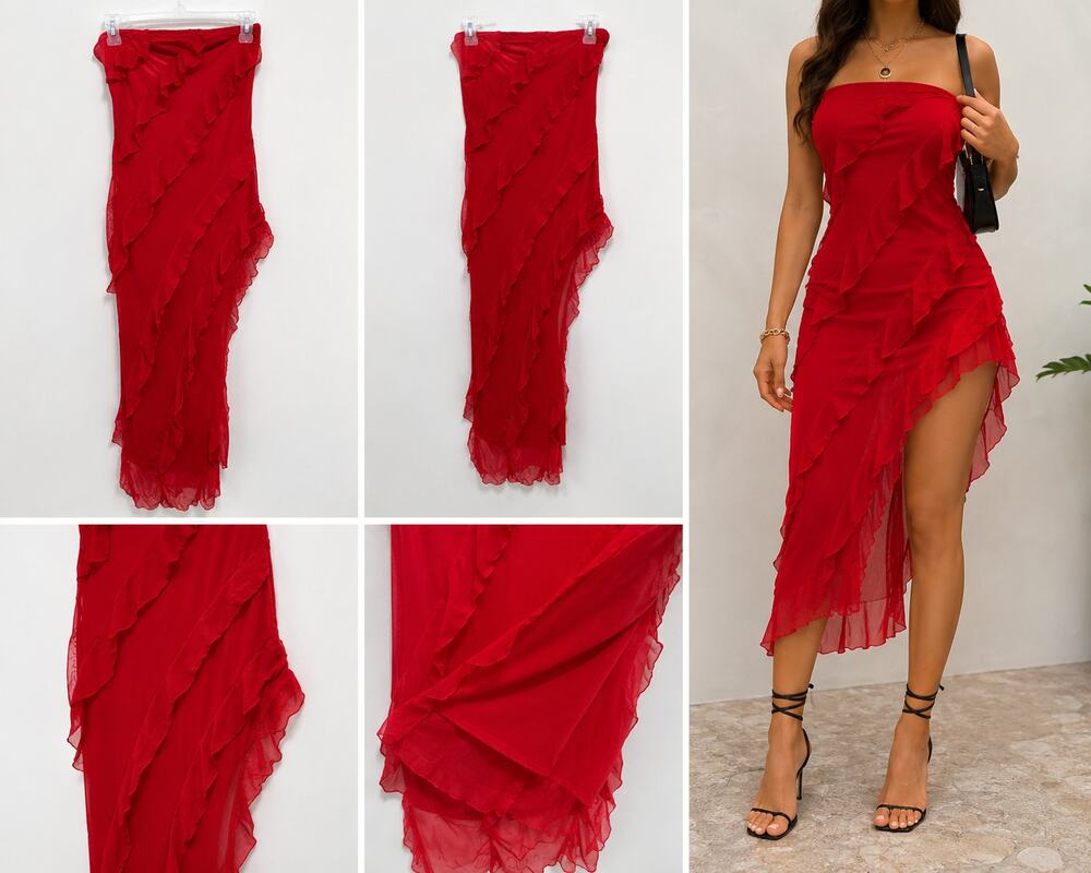 Women's Strapless Red Ruffle Asymmetrical Maxi Dress – Size Medium